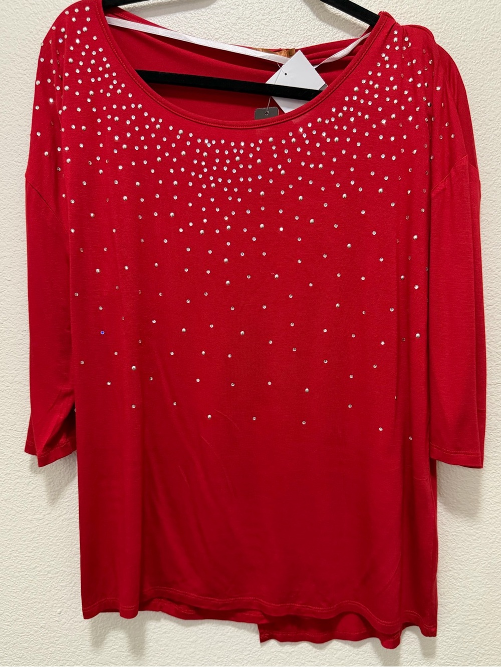 Belldini NWT red and silver studded blouse, 3/4 length sleeves, Large